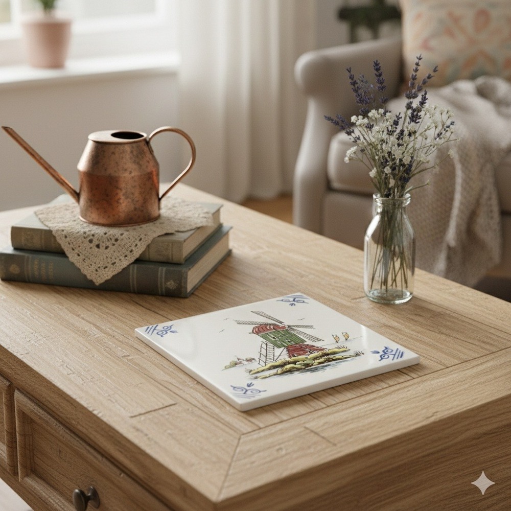 Vintage Set of 2 German Ceramic Windmill Tiles Hand Painted 4.5" X 4.5"